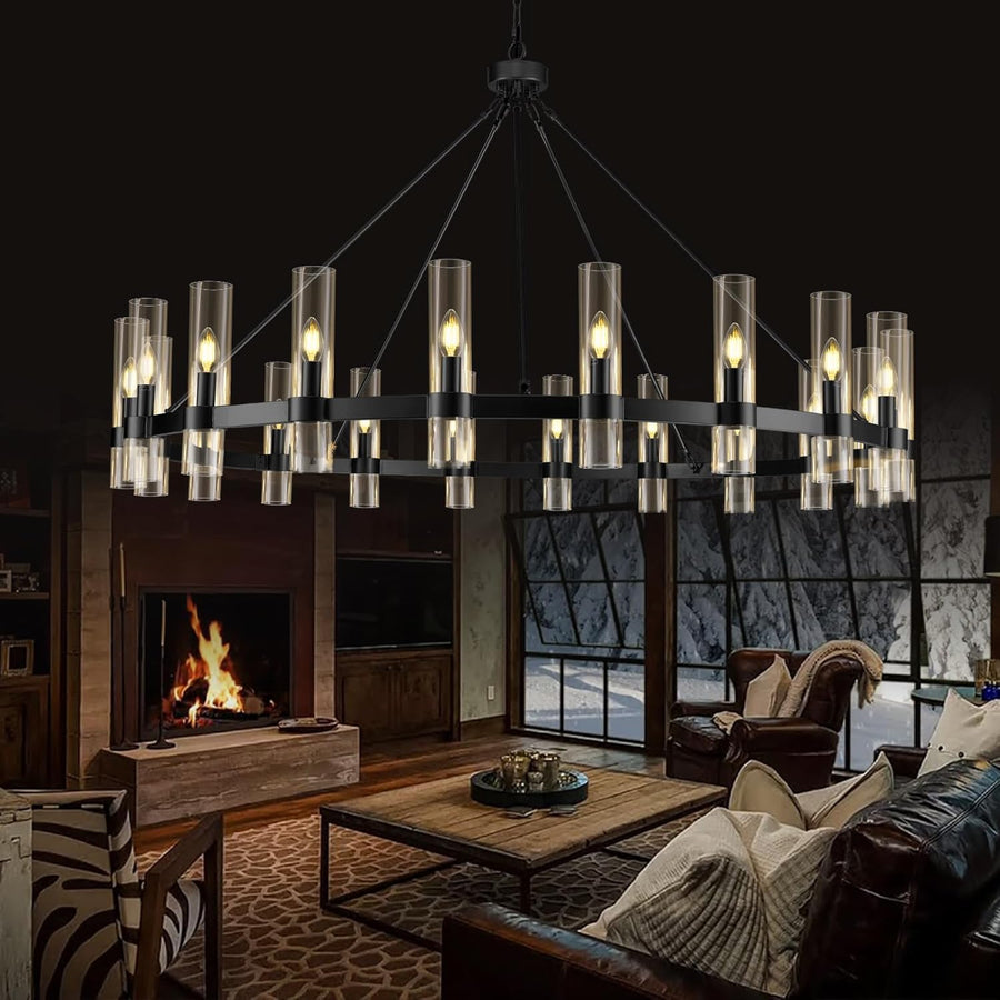 60 Inch Black Wagon Wheel Chandelier, Industrial Chandelier with Glass Shade - $480