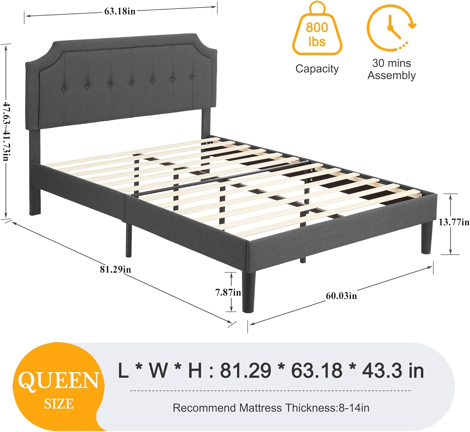 VECELO Queen Upholstered Platform Bed Frame Panel Headboard, Grey - $90