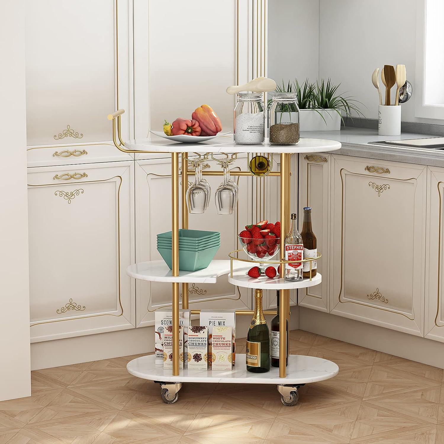 OuQinDesign 3 Tier Gold Bar Carts for Home Bar Serving Cart - $85