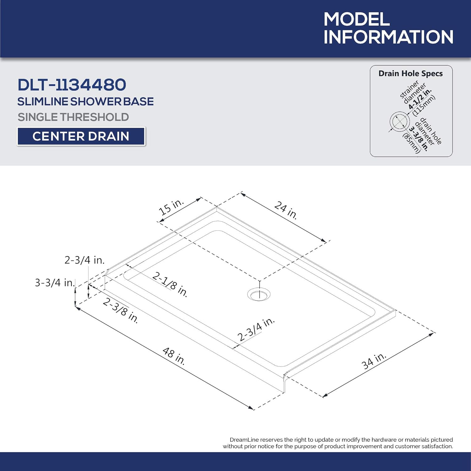 DreamLine SlimLine 34 in. D x 48 in. W x 2 3/4 in. H Center Drain Single - $240