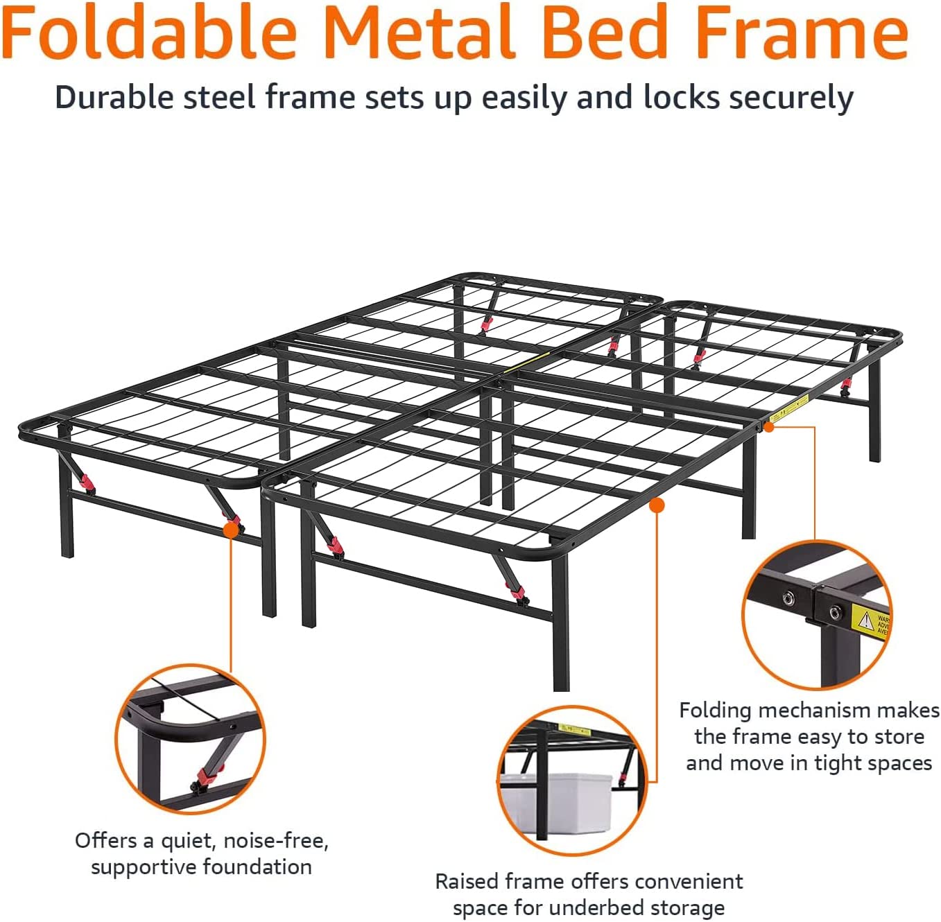 Amazon Basics Foldable Metal Platform Bed Frame, 14in High, King, Black - $110