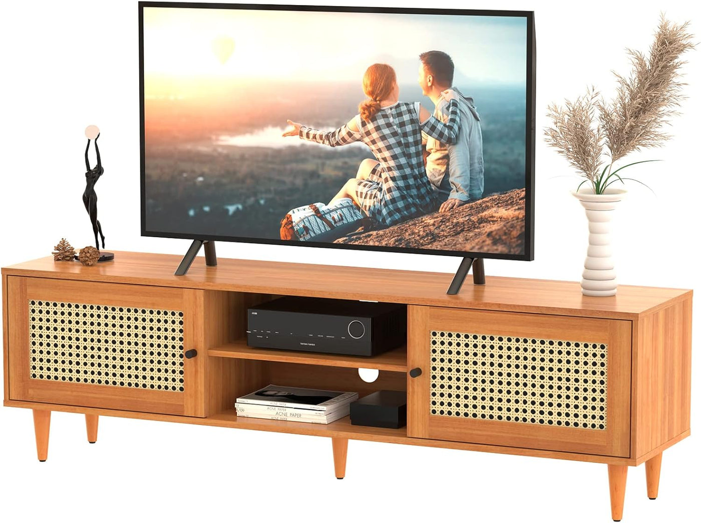 EasyCom Rattan TV Stand for 65 inch TV, Farmhouse Rattan Entertainment Center - $100