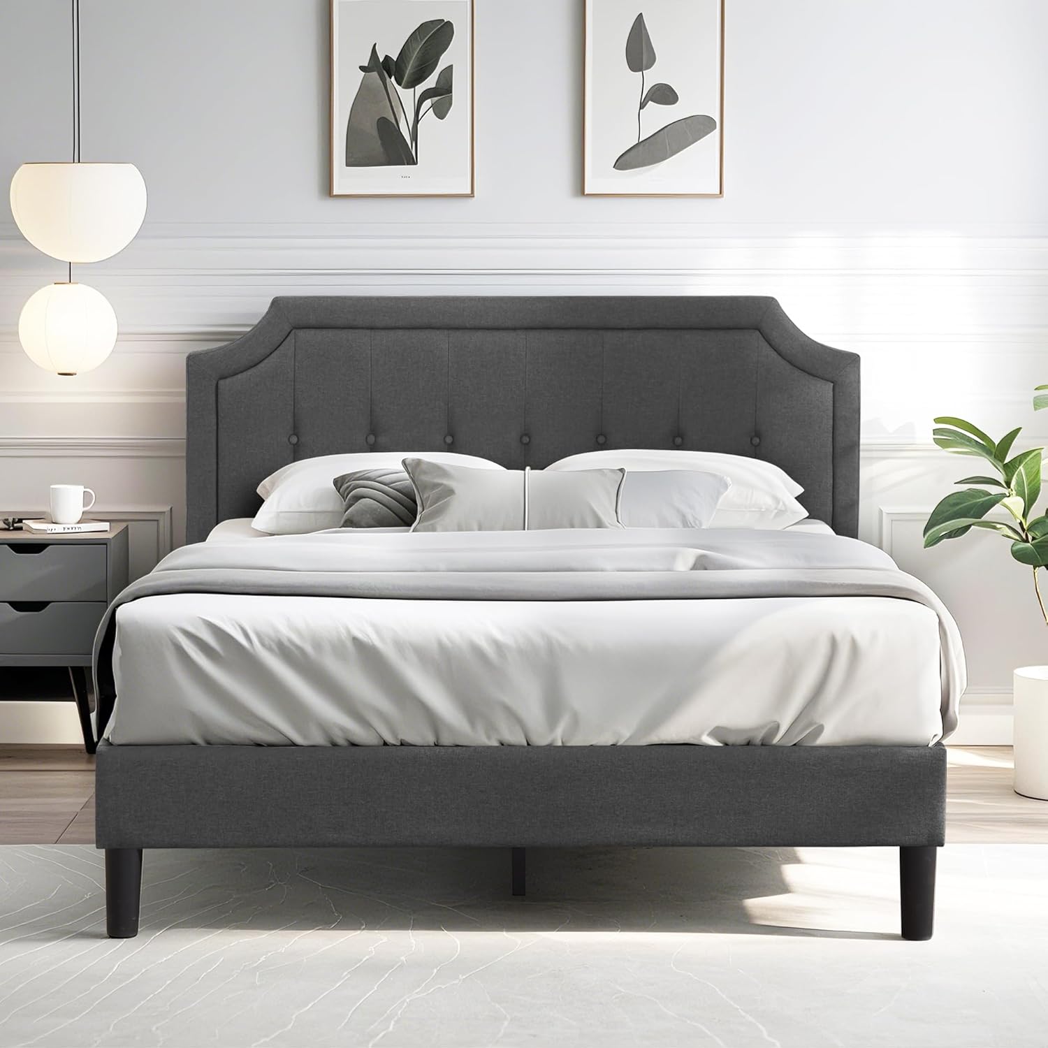 VECELO Queen Upholstered Platform Bed Frame Panel Headboard, Grey - $90