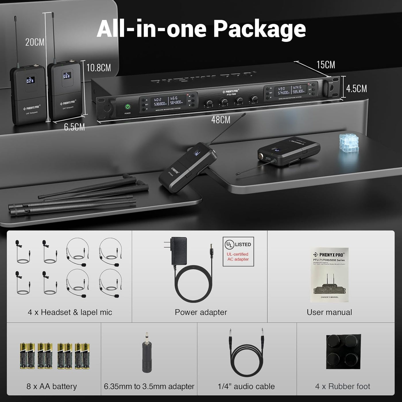 Phenyx Pro Wireless Microphone System, UHF 4Channel Wireless Mic Set w/ 4 Bodypacks - $190