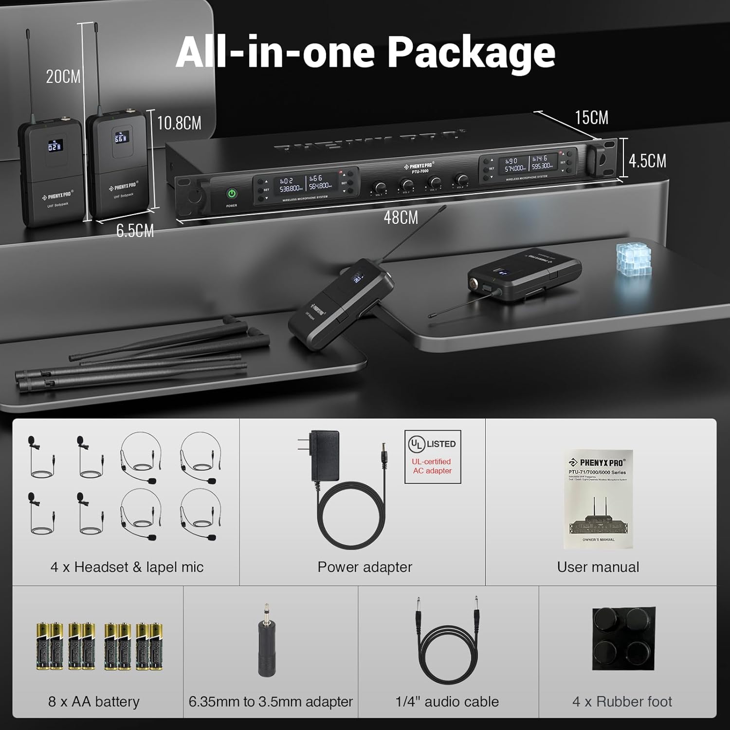 Phenyx Pro Wireless Microphone System, UHF 4Channel Wireless Mic Set w/ 4 Bodypacks - $190