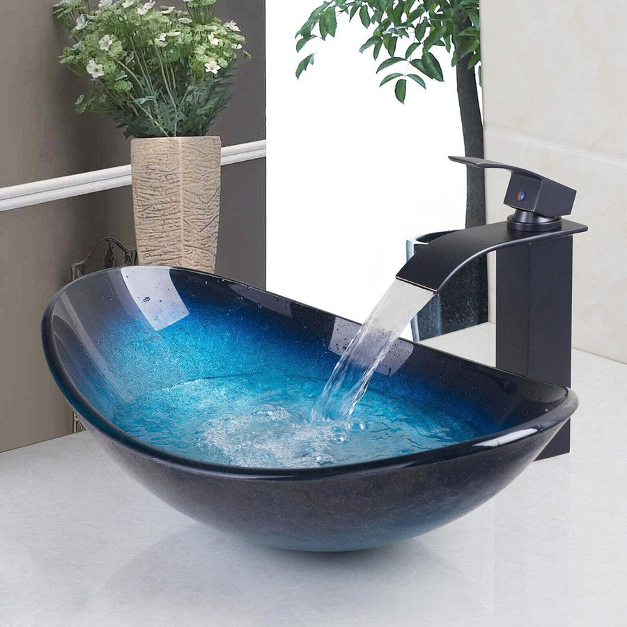 Bathroom Vessel Sink,Black&Blue Vessel Sink,Oval Glass Vessel Sink - $80