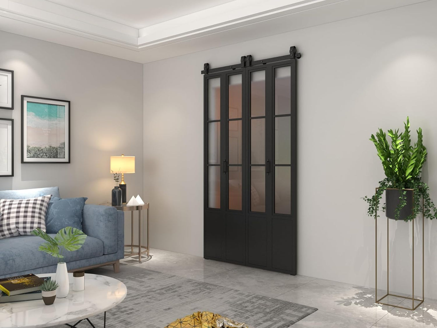 48 in. x 84 in. 3/4 Lites Frosted Glass Black Steel Frame Double Bi-Fold Barn Doors - $515