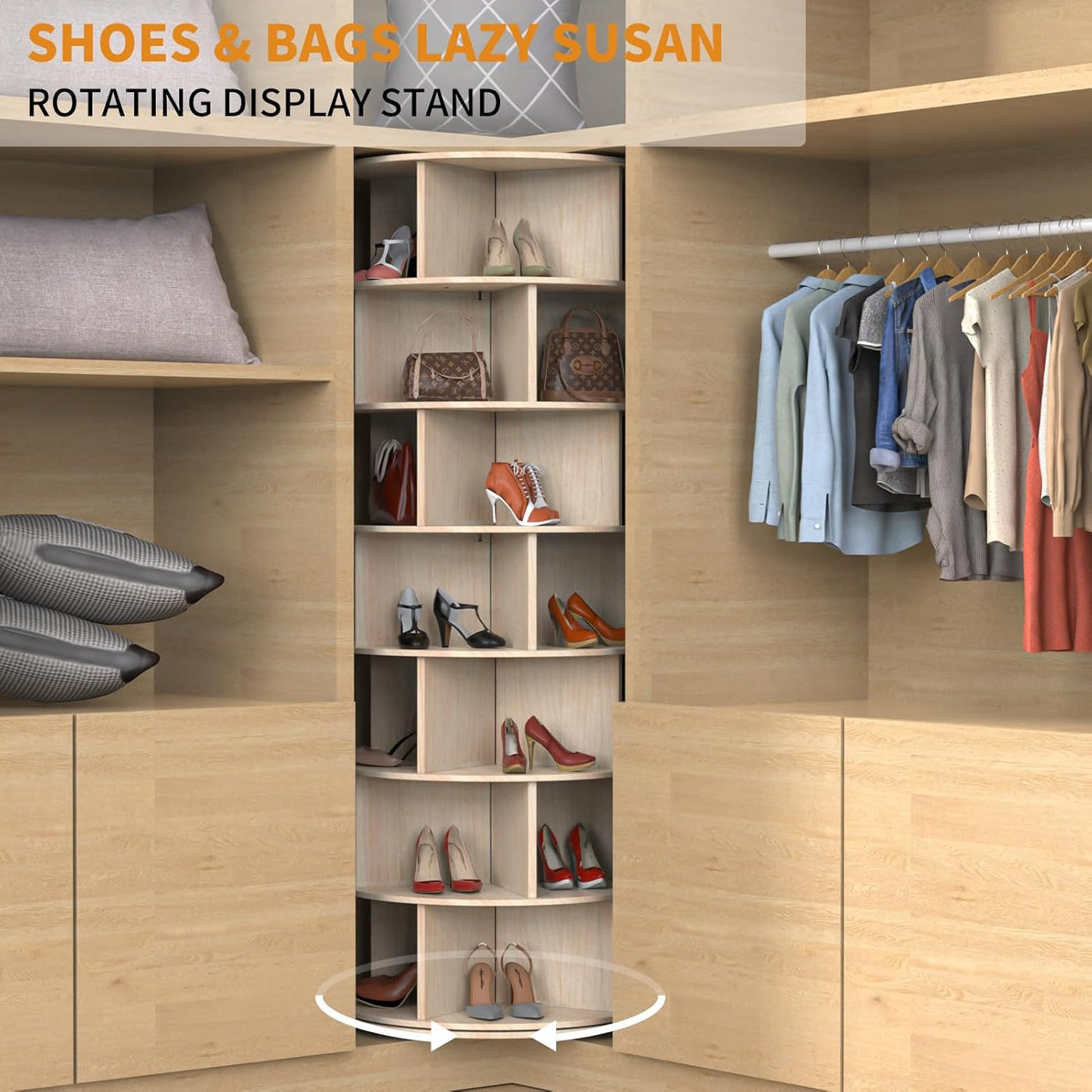 7 Tier Rotating Shoe Rack Tower, Solid Wood Spinning Shoe Display Lazy Susan - $135