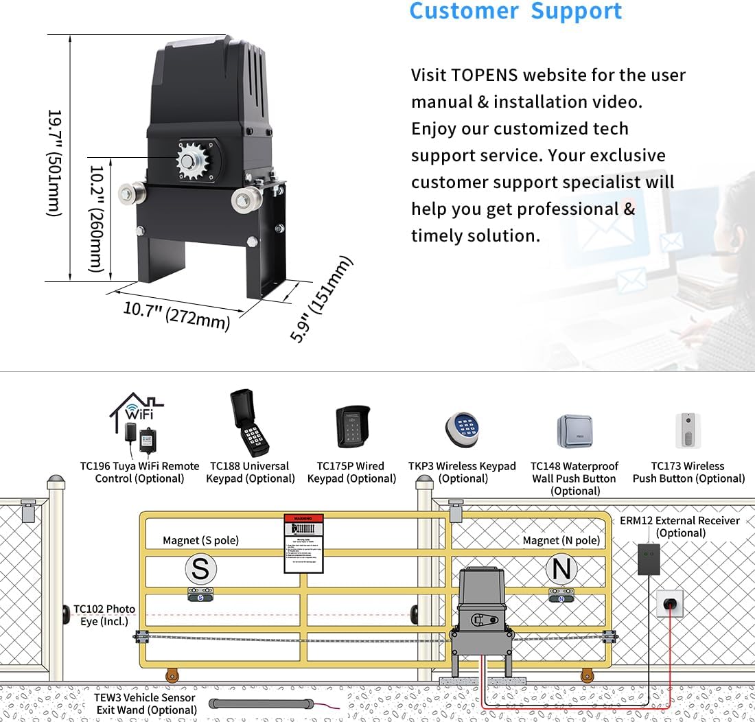 TOPENS CK2500 Automatic Sliding Gate Opener Chain Drive Electric Gate Motor - $430