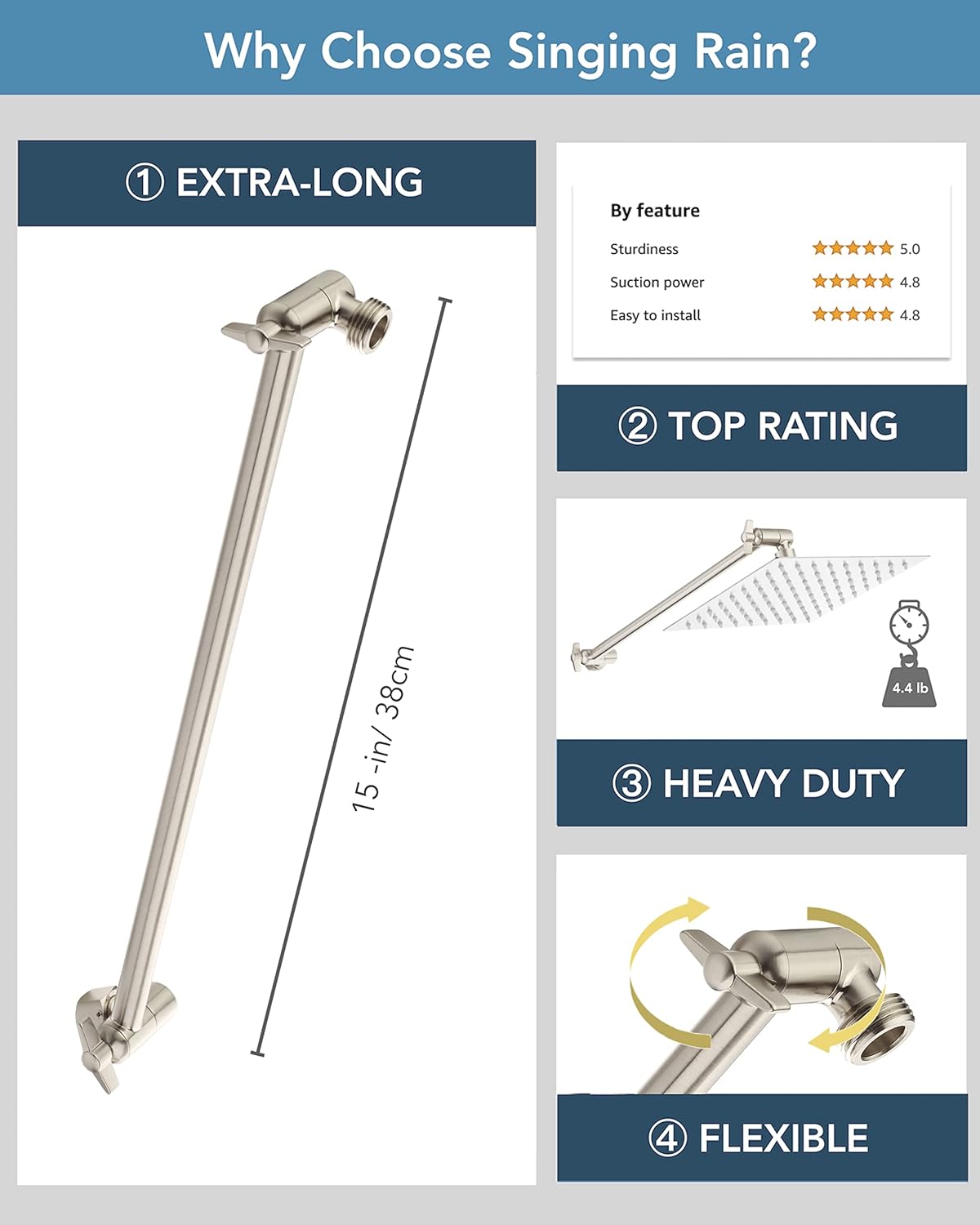 15 Inch Extra Long Brushed Nickel Adjustable Shower Head Extension Arm - $20