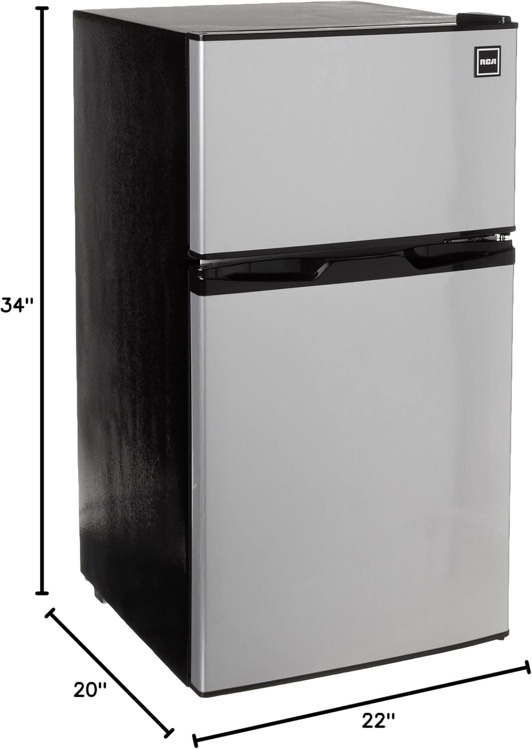 RCA RFR836 3.2 Cu Ft 2 Door Fridge and Freezer, Stainless Steel - $300