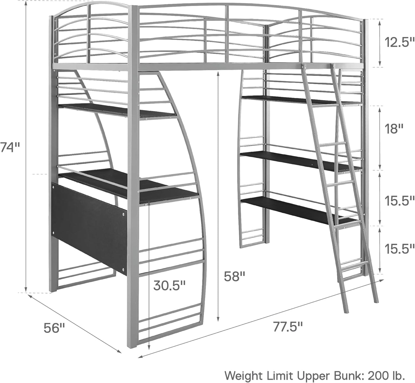 DHP Studio Loft Bunk Bed Over Desk and Bookcase with Metal Frame, Twin, Gray Gray - $185