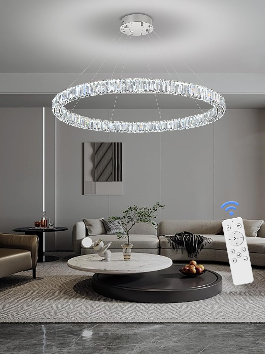 Flashing God W48'' Modern Crystal Chandelier for Living Room Ring