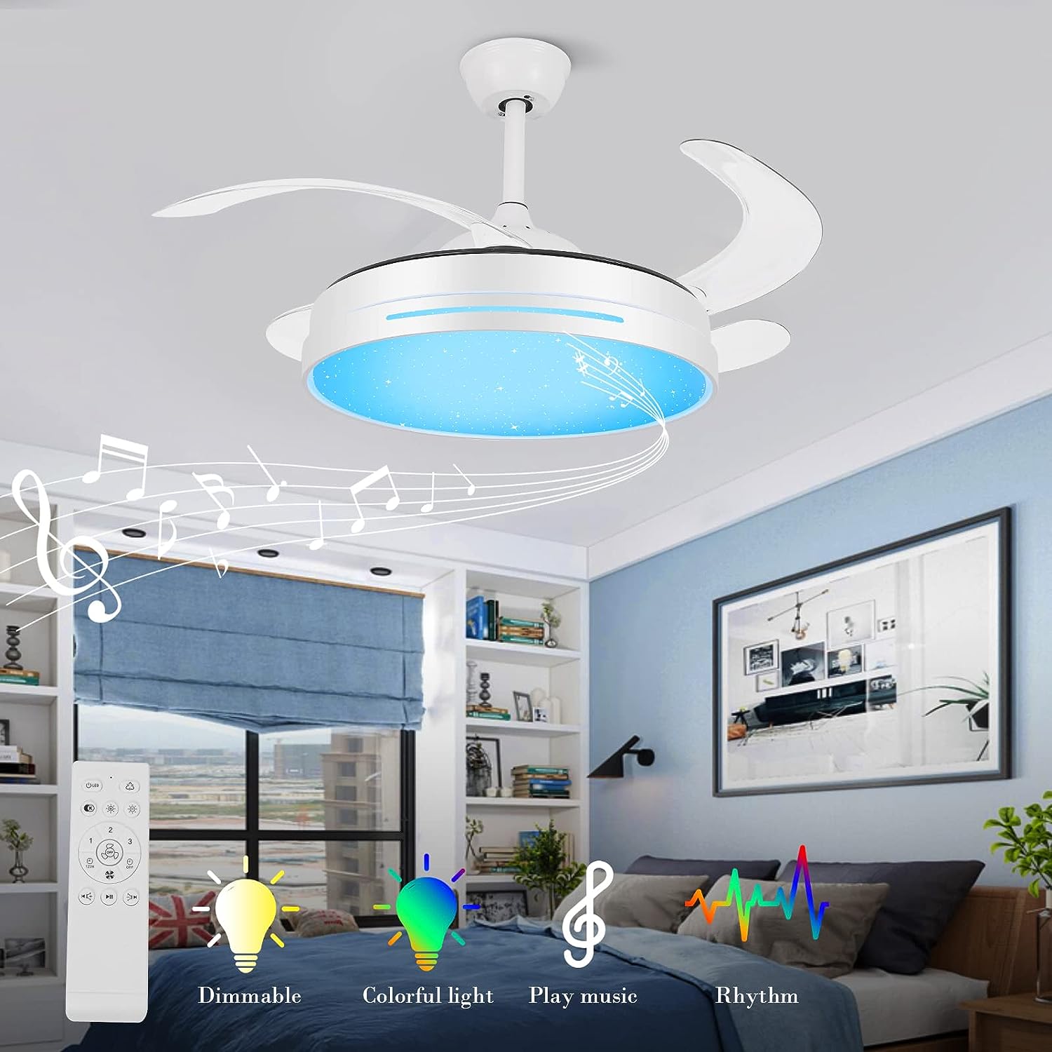 Ceiling Fan with Lights and Bluetooth Speaker, 24W 36'' Color Changing - $140