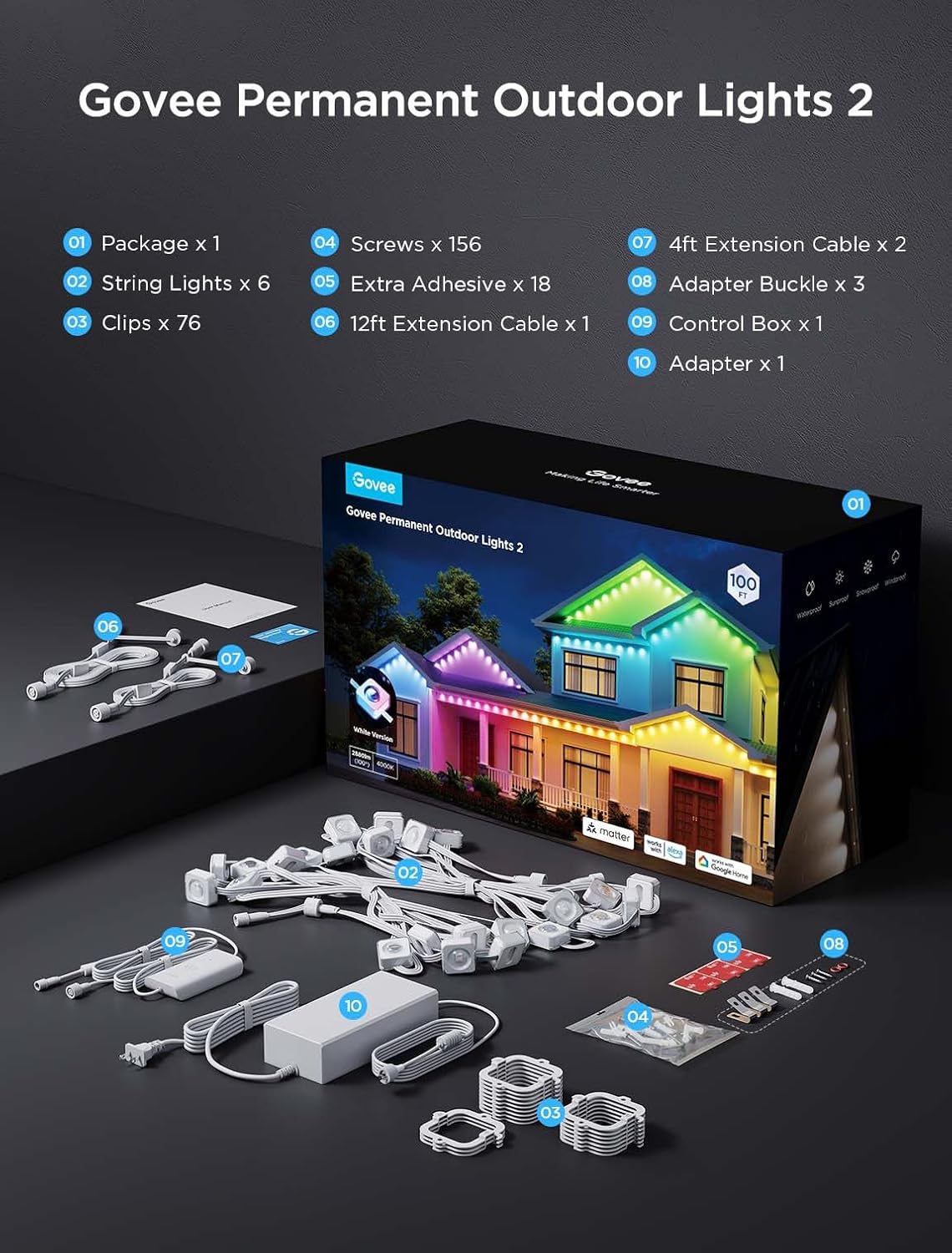 Govee Permanent Outdoor Lights 2, 100ft RGBIC Outdoor Lights with 72 LED Lights - $200