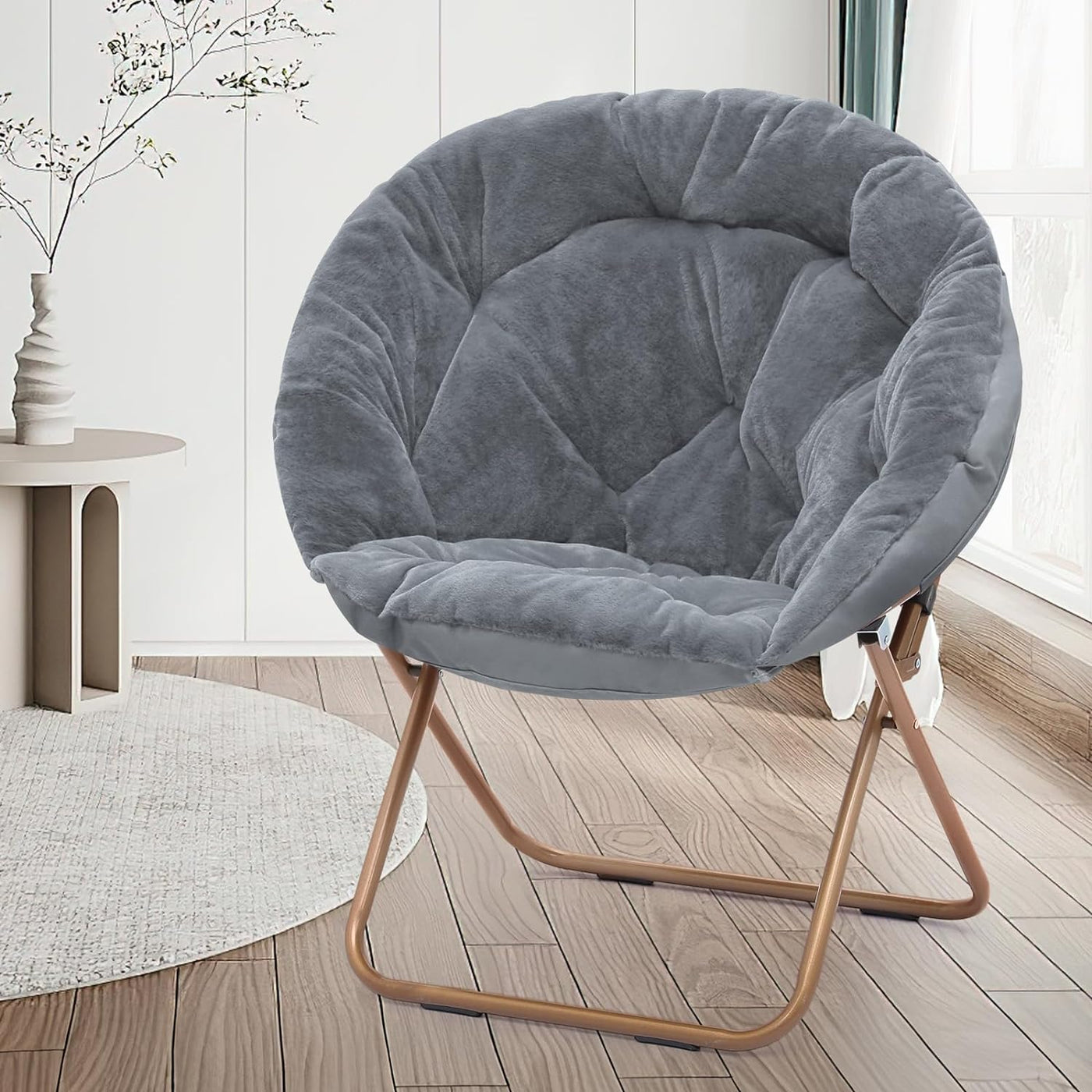 MoNiBloom Round Folding Faux Fur Saucer Chair Foldable Metal Frame (Gray) - $40