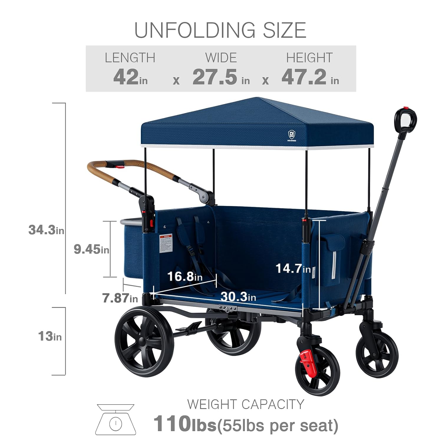 EVER ADVANCED Side-Unzip Wagon Stroller for 2 Kids, Push Pull Stroller - $215