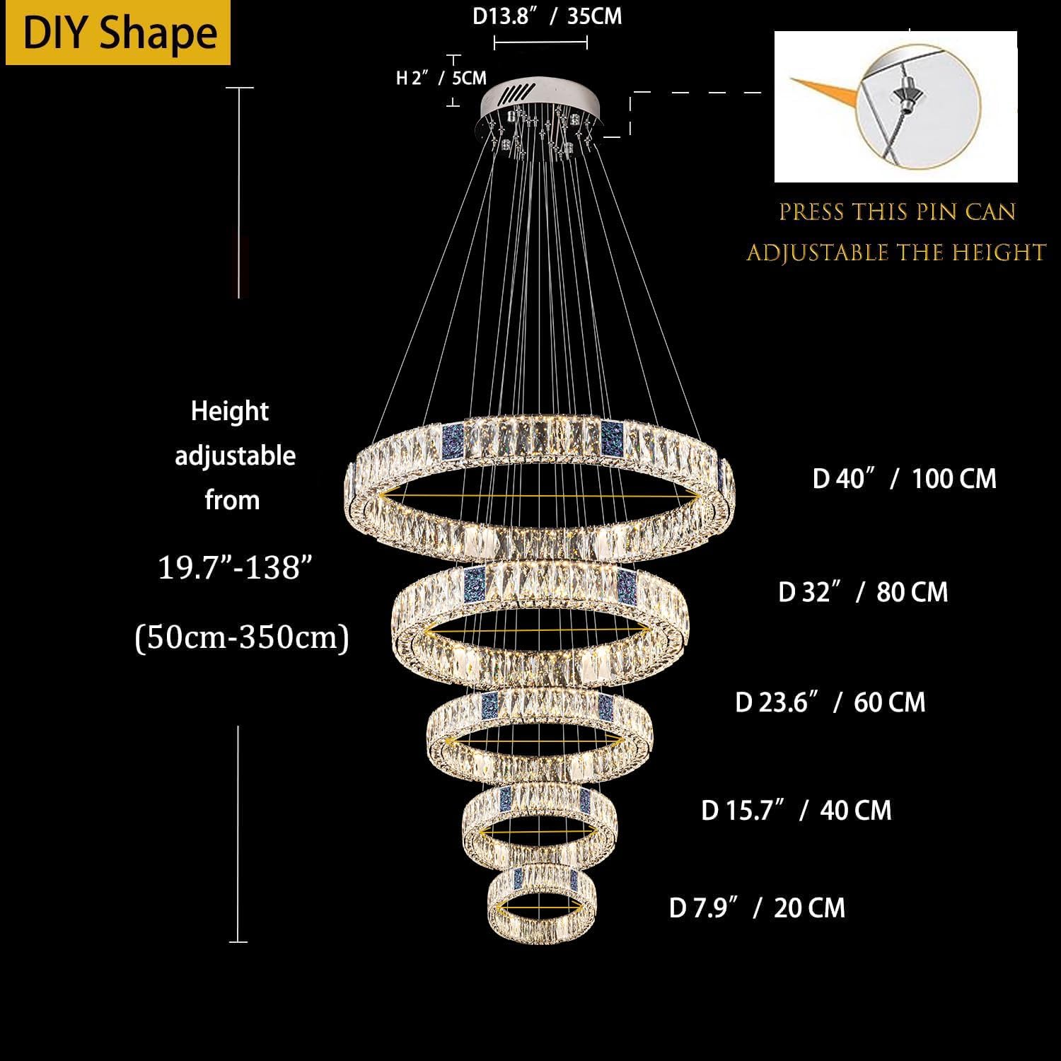 Modern Crystal Chandelier Lighting, Large 5 Ring Adjustable Stainless Steel LED - $515