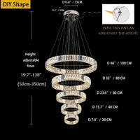 Modern Crystal Chandelier Lighting, Large 5 Ring Adjustable Stainless Steel LED - $515