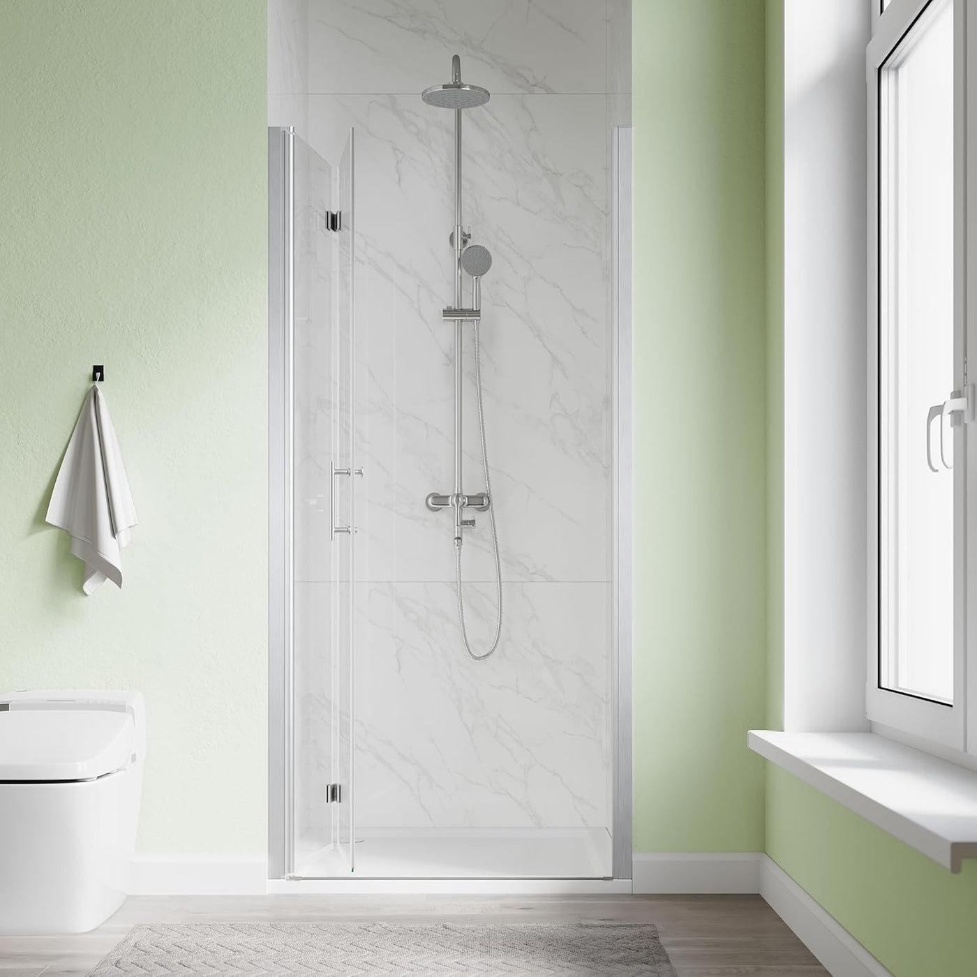 Bifold Shower Door, 34" W x 72" H, 1/4" Tempered Glass Shower Door, Brushed Nickel - $180