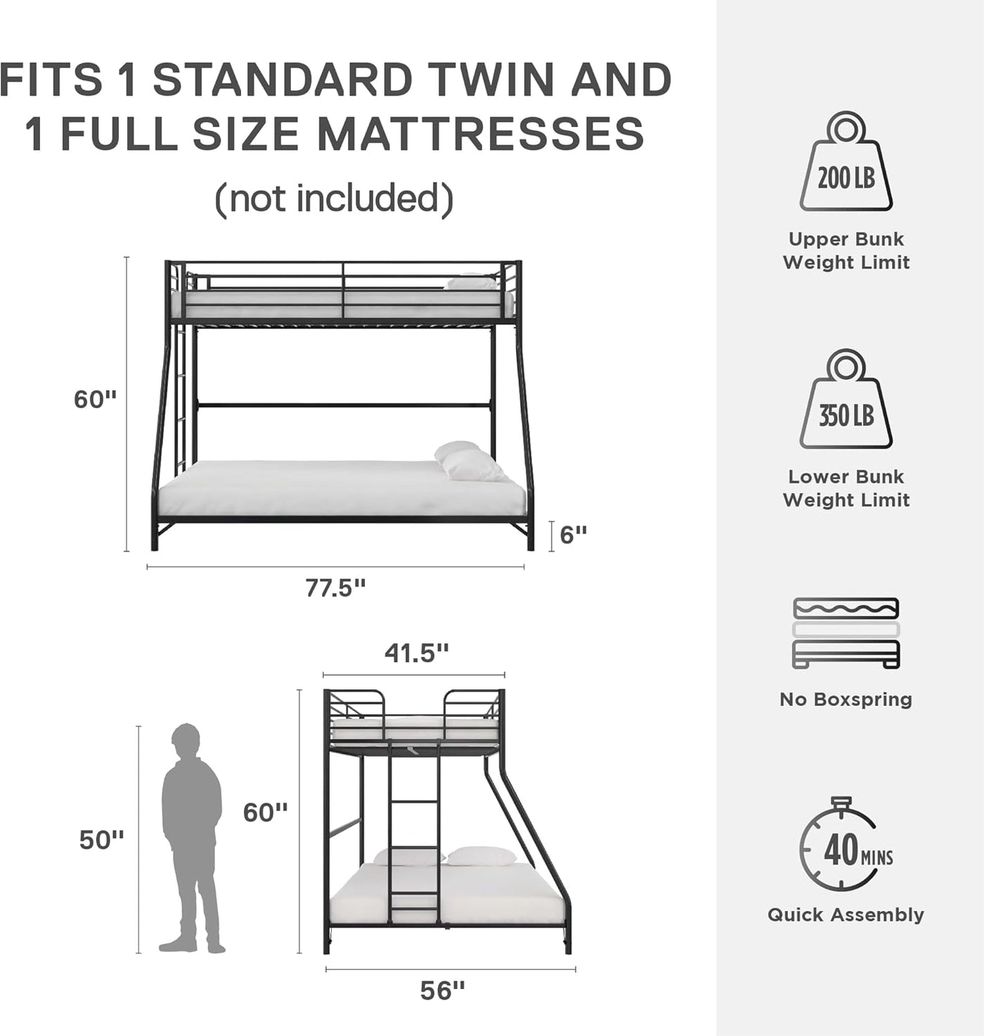 DHP Daven Easy Assembly Metal Bunk Bed for Kids, Teens and Adults, with Ladder - $180