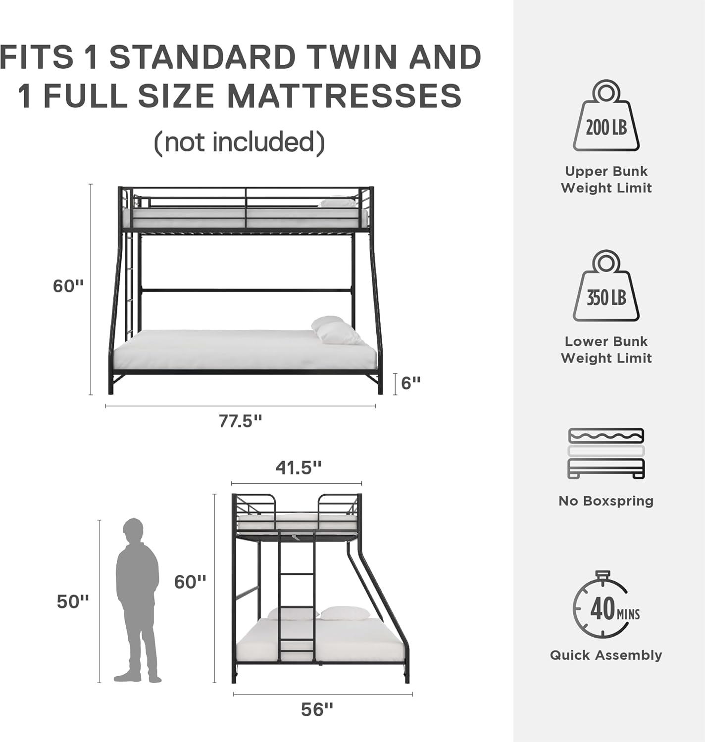 DHP Daven Easy Assembly Metal Bunk Bed for Kids, Teens and Adults, with Ladder - $180