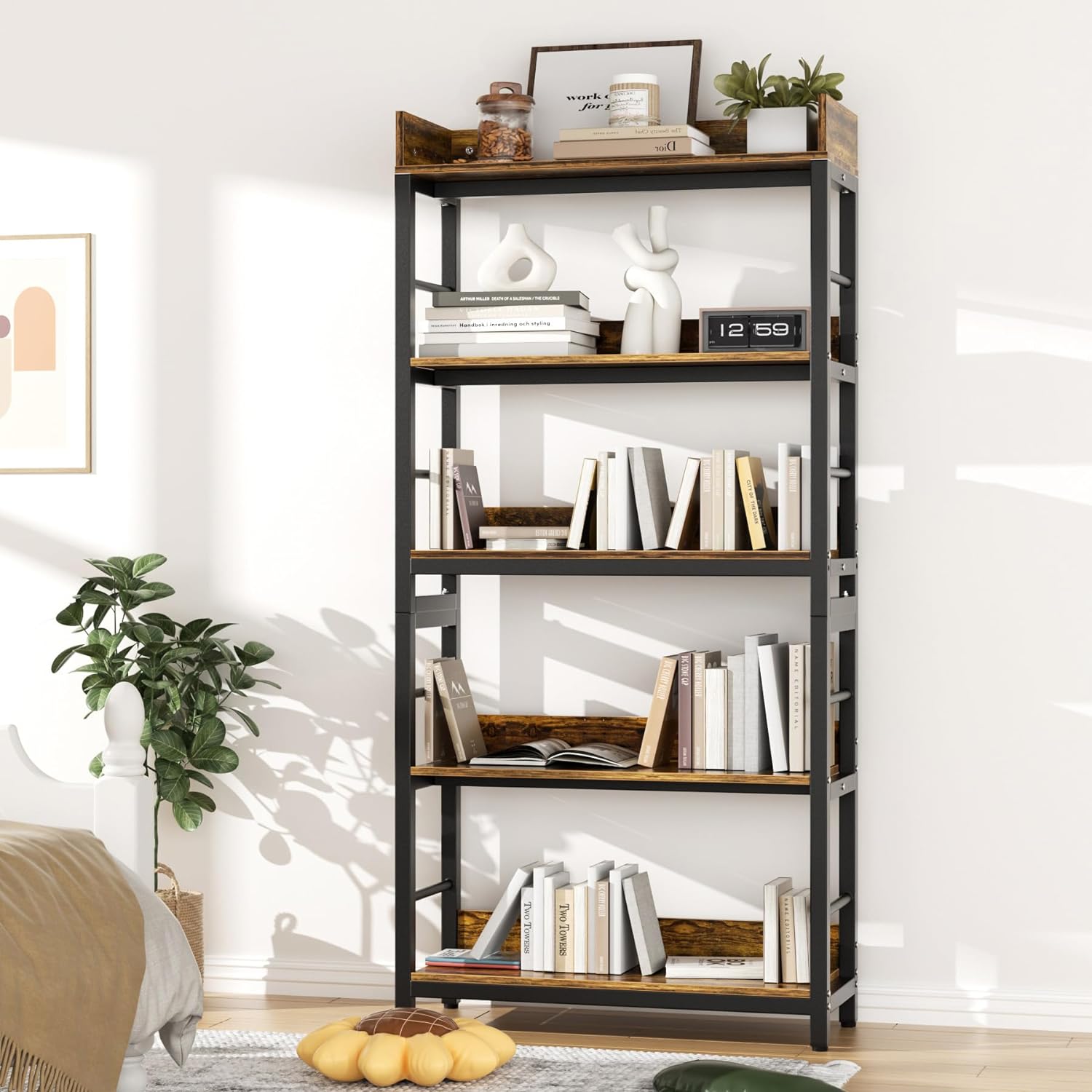 Aquzee Bookshelf, 5 Tiers Industrial Bookcase Wood & Metal, 66" H x 31" W x 12" - $90