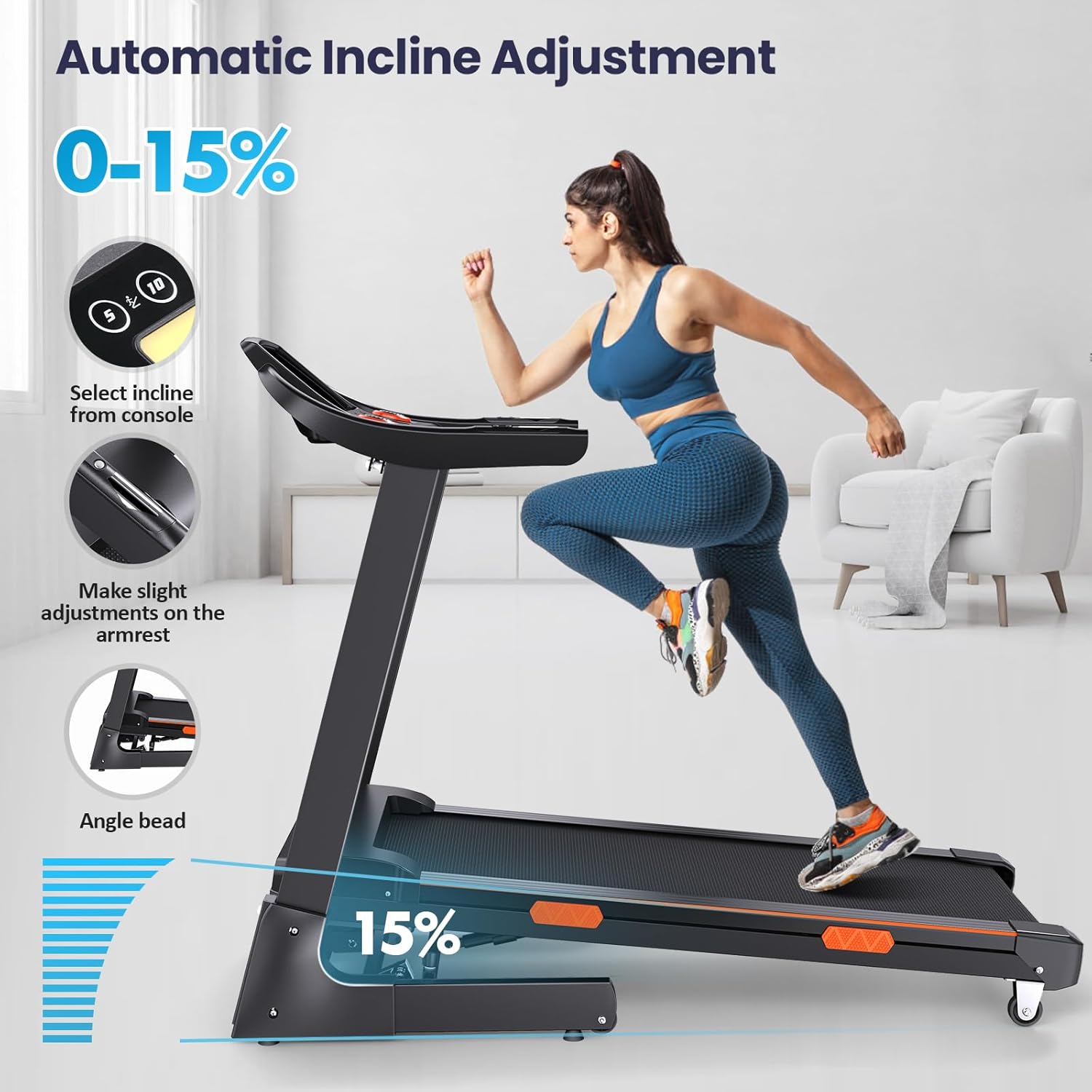 3.5 HP Treadmill with Auto Incline, Heavy Duty 15% Incline, 300 lb Weight Capacity - $260