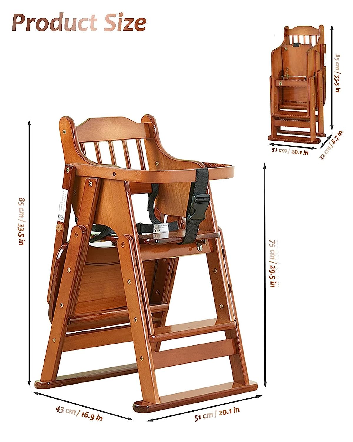Wood High Chair with Tray, Baby Folding Highchair with Safety Belt (6 mo - 7 yr) - $95
