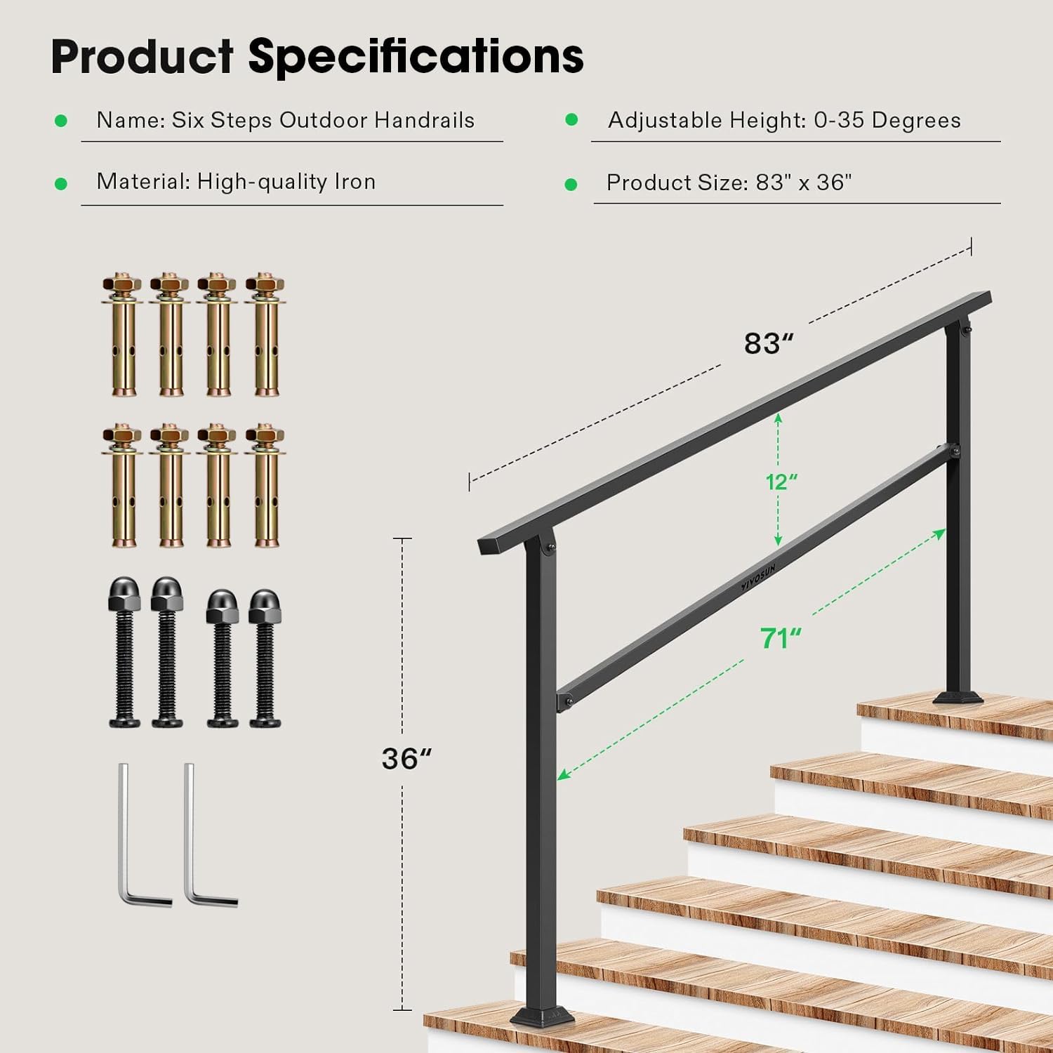 VIVOSUN Outdoor Handrail, 6 Step Stair Handrail, 83" x 36" Fits 1 to 6 Steps - $65