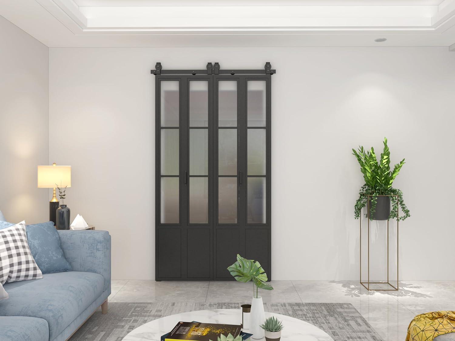 48 in. x 84 in. 3/4 Lites Frosted Glass Black Steel Frame Double Bi-Fold Barn Doors - $515