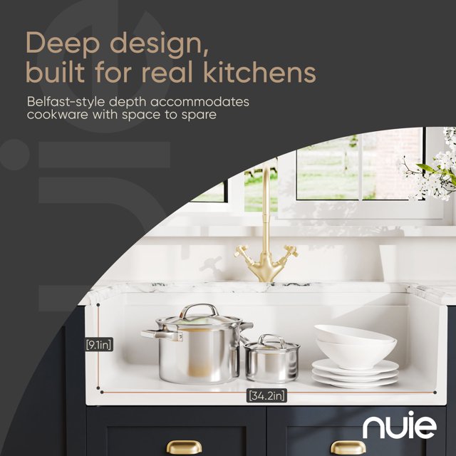 Nuie 36" Fireclay Ceramic Single Bowl Kitchen Sink, 36x19x10" - $225