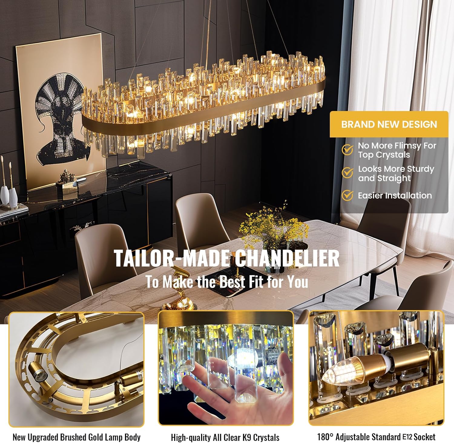 Siljoy Modern Crystal Chandeliers, Brushed Gold Rectangle Crystal Chandelier - $475