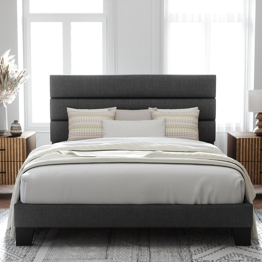 Allewie Queen Size Platform Bed Frame with Fabric Upholstered Headboard - $100
