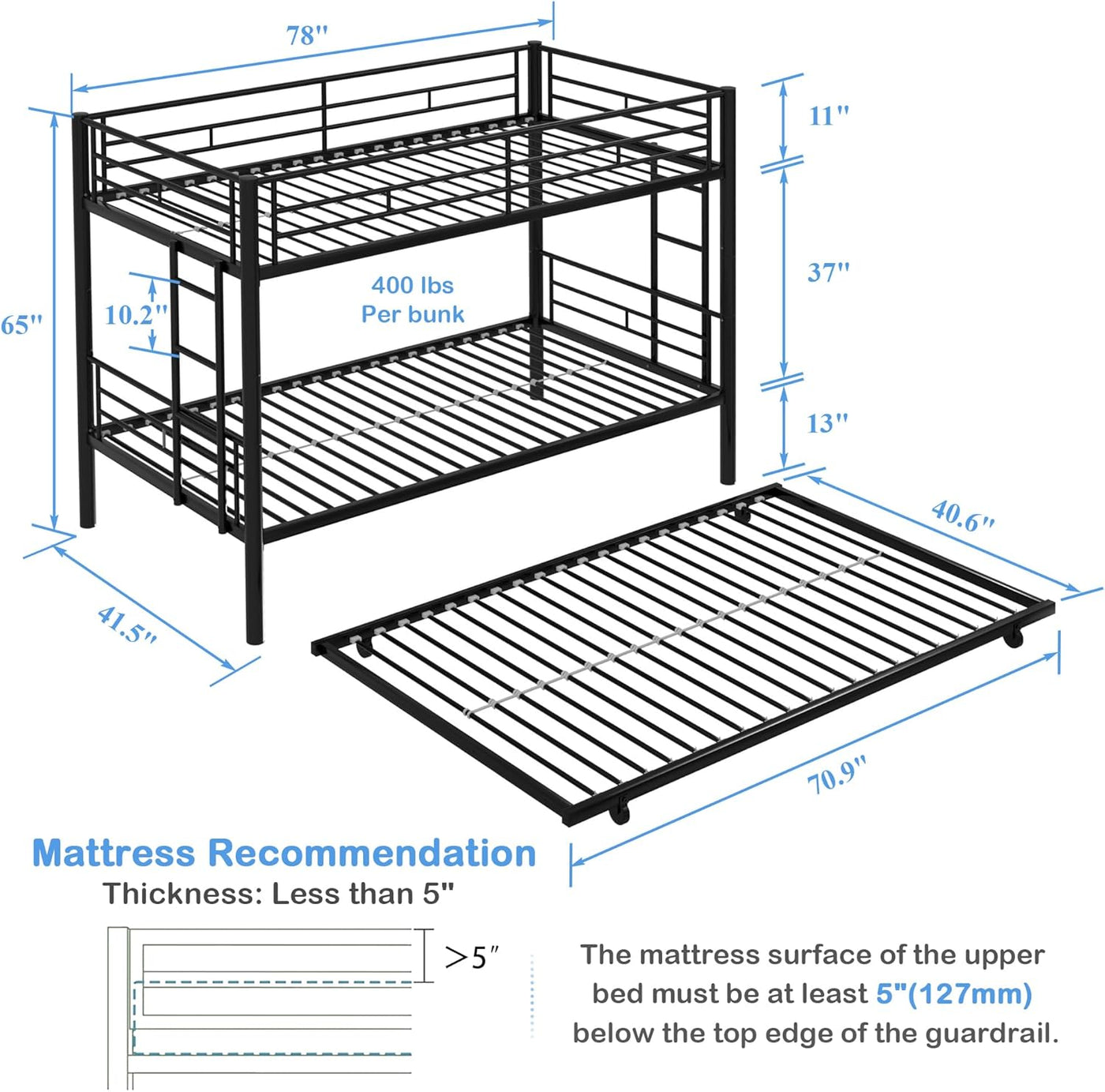 VECELO Twin Over Twin Bunk Bed with Trundle, Metal Bunkbeds with Ladder - $130