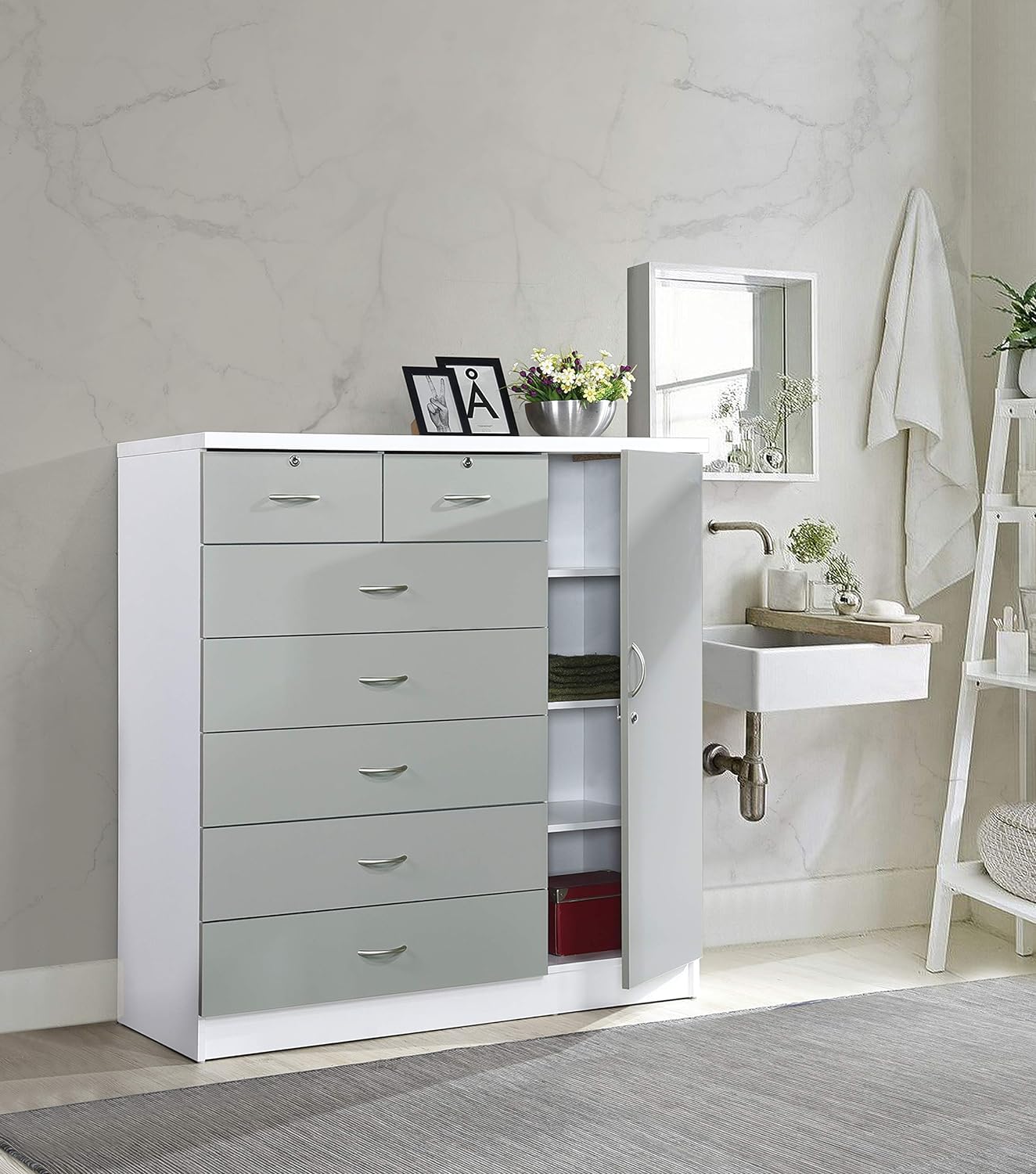 Hodedah 7 Drawer Jumbo Chest, Five Large Drawers, Two Smaller Drawers - $230