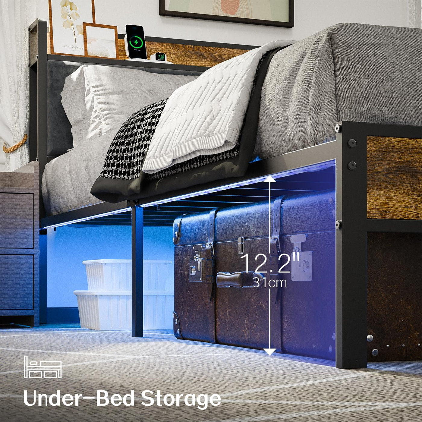 King Size Bed Frame with Smart LED Lights, Storage Headboard - $130