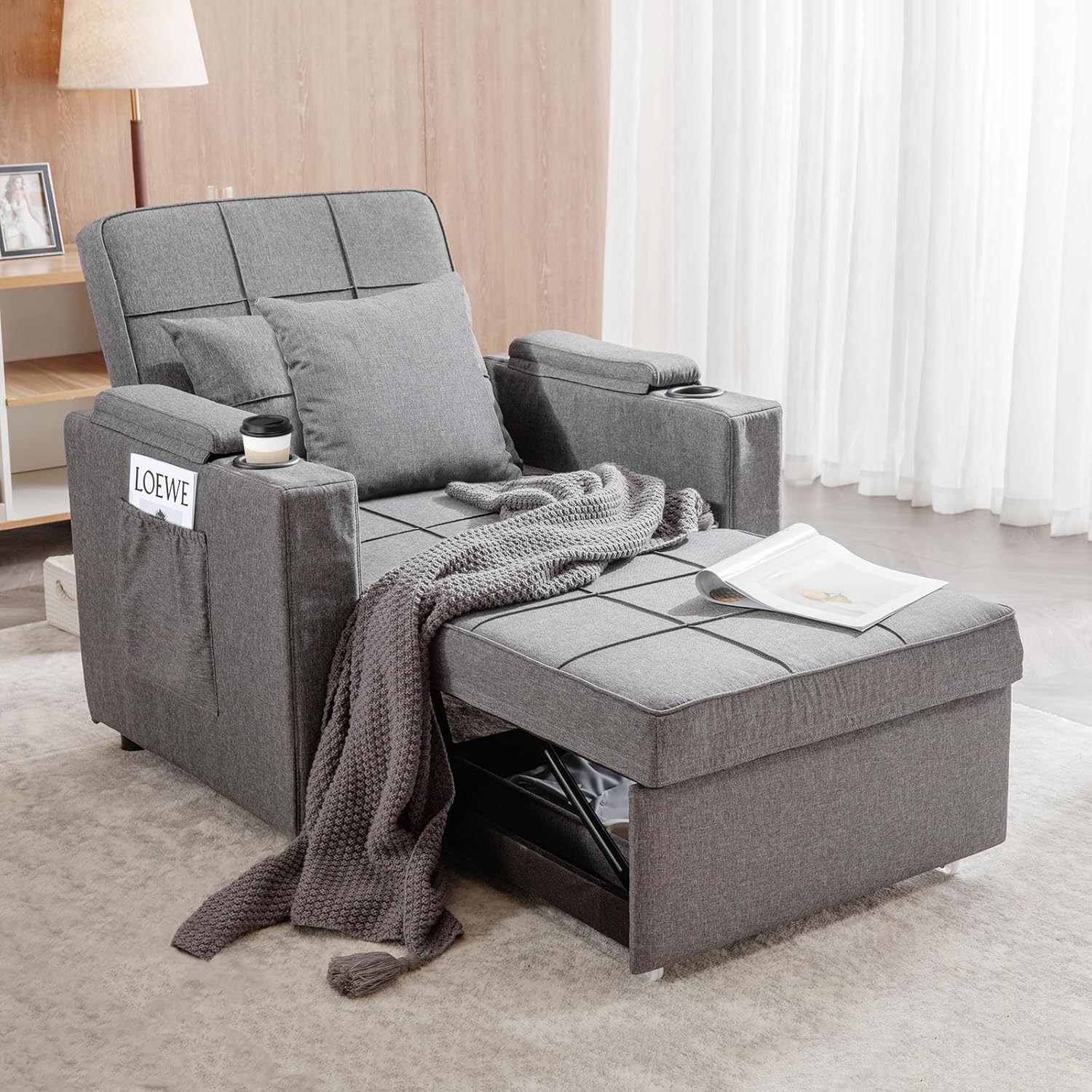 COMHOMA recliner sofa, Armchair Cup Holders, 3-in-1 Single Convertible, Grey - $300