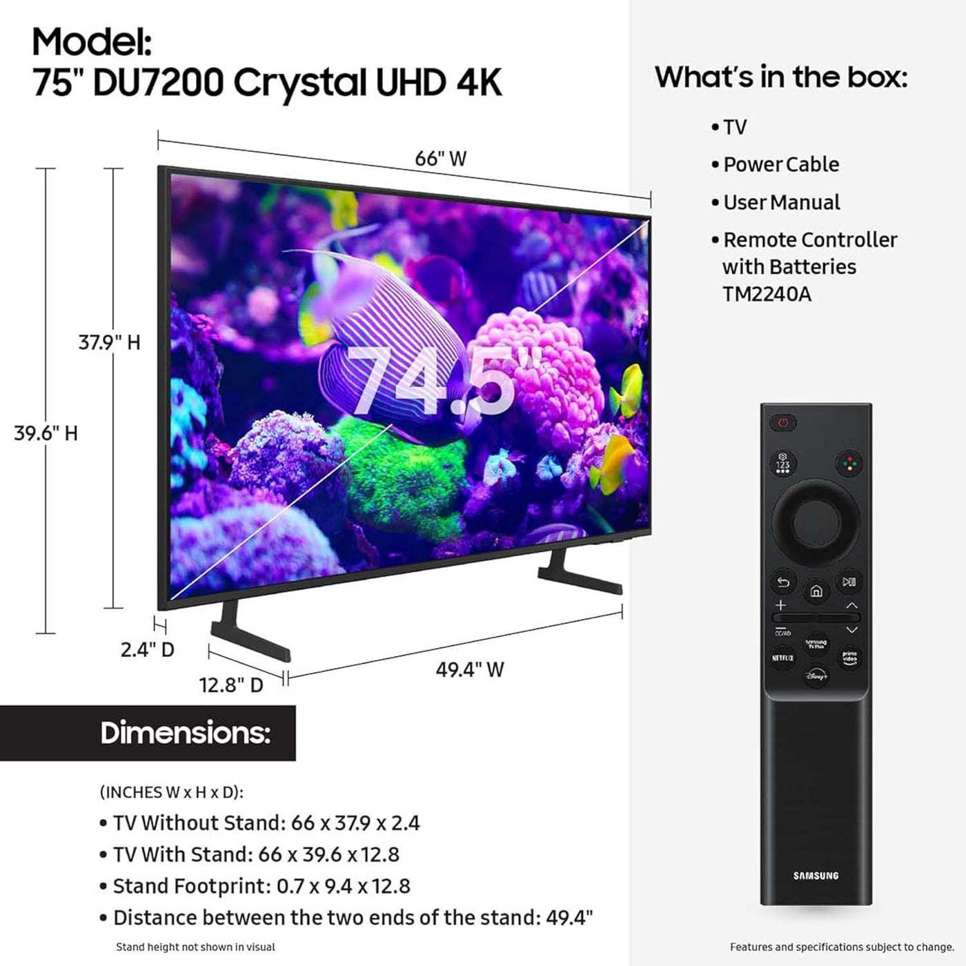 SAMSUNG 75-Inch Class Crystal UHD 4K DU7200 Series HDR Smart TV - $790