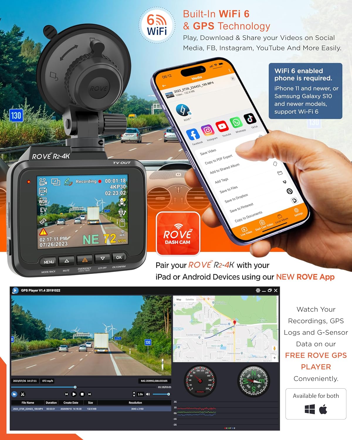 ROVE R2-4K Dash Cam Built-in WiFi GPS Car Dashboard Camera Recorder -$160