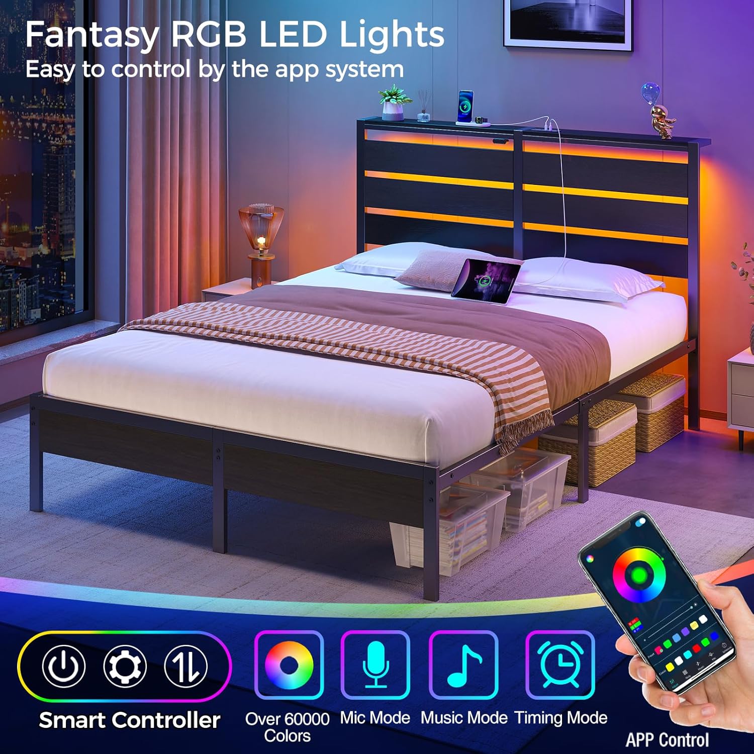 Rolanstar Bed Frame Full Size with USB Charging Station, LED Bed Frame - $100