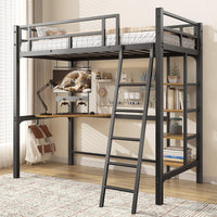 soges Metal Loft Bed Twin Size with Desk & Shelves, Heavy Duty, Black - $155