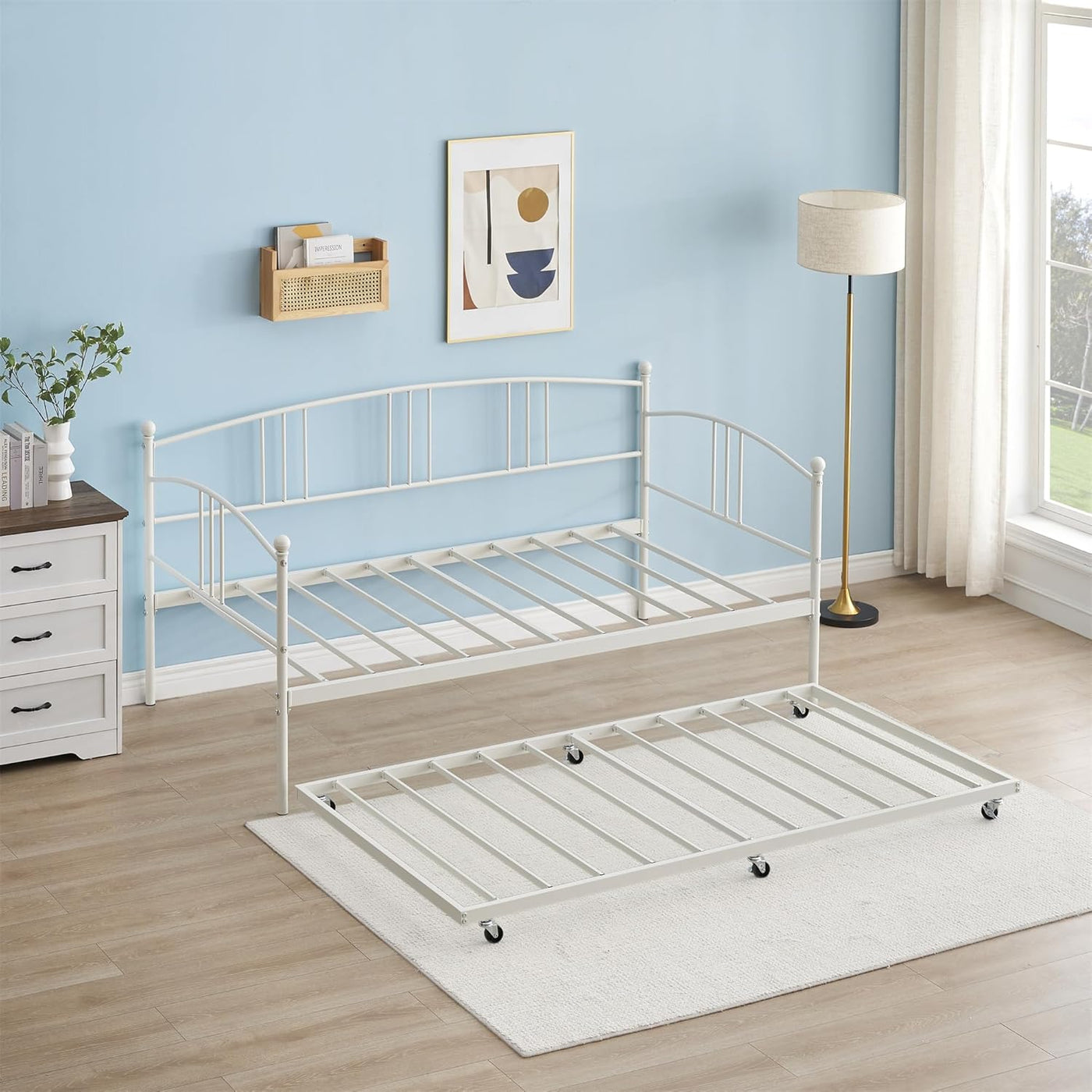 GAOMON Twin Metal Daybed with Pullout Trundle, Steel Slat Support, White - $80