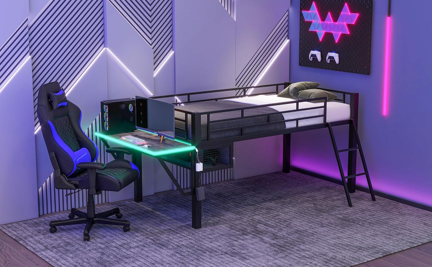 Harper & Bright Designs Gaming Mid Loft Bed Frame with Desk, LED, Twin, Black - $110