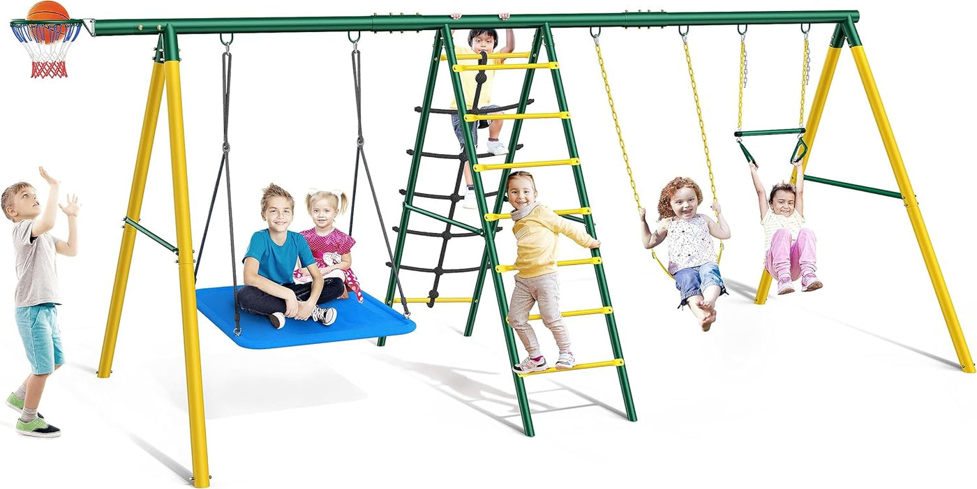 Osoeri Swing Sets for Backyard, 6 in 1 Swing Set, Heavy-Duty Metal - $235