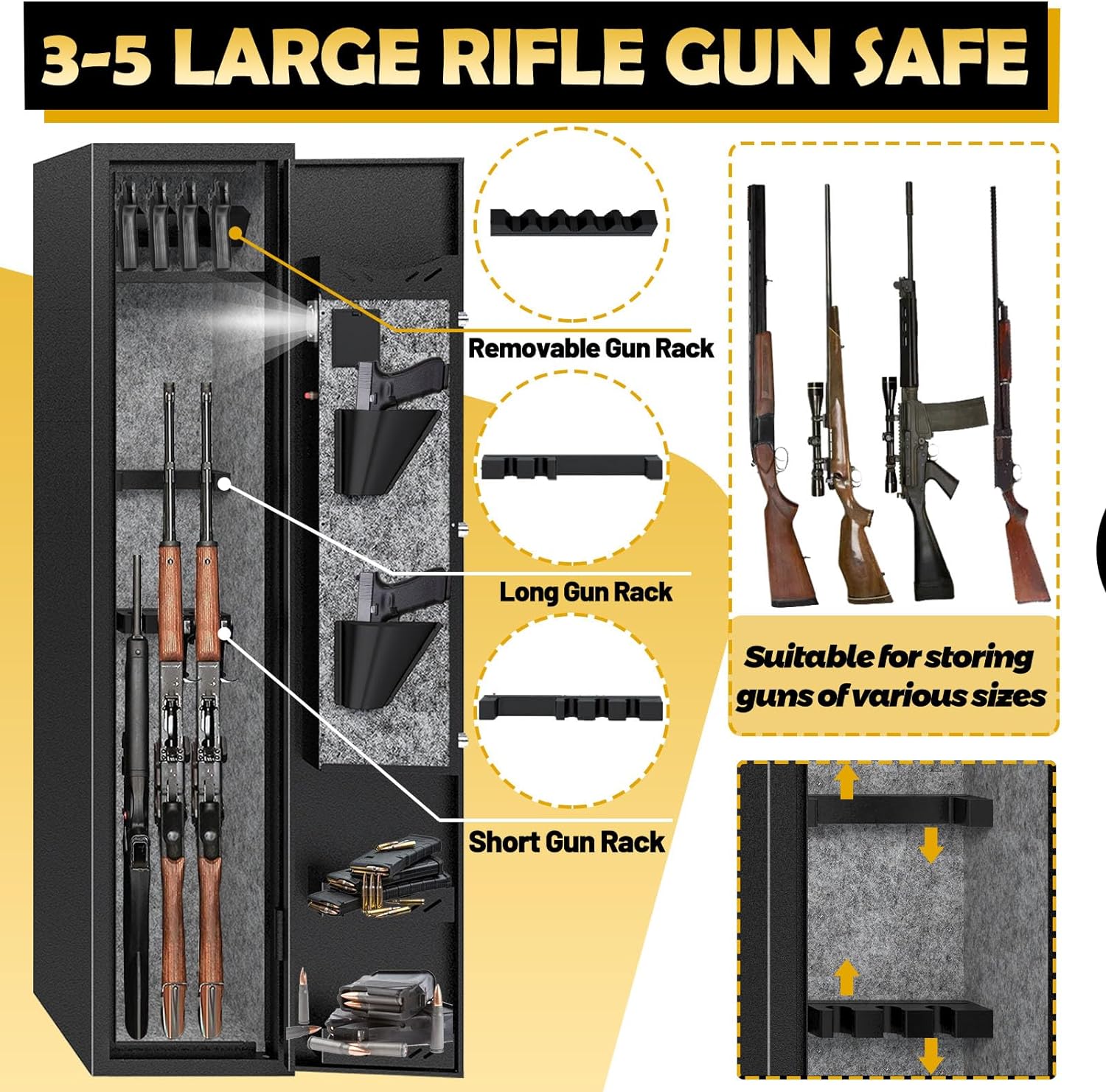 KAER Gun Safe,Rifle Safe,4-5 Gun Safes for Home Rifle and Pistols11.8" x11" x 54.3" - $140
