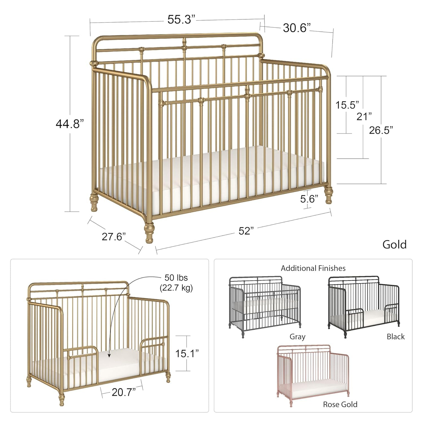 Little Seeds Monarch Hill Hawken 3 in 1 Convertible Metal Crib, Gold - $180