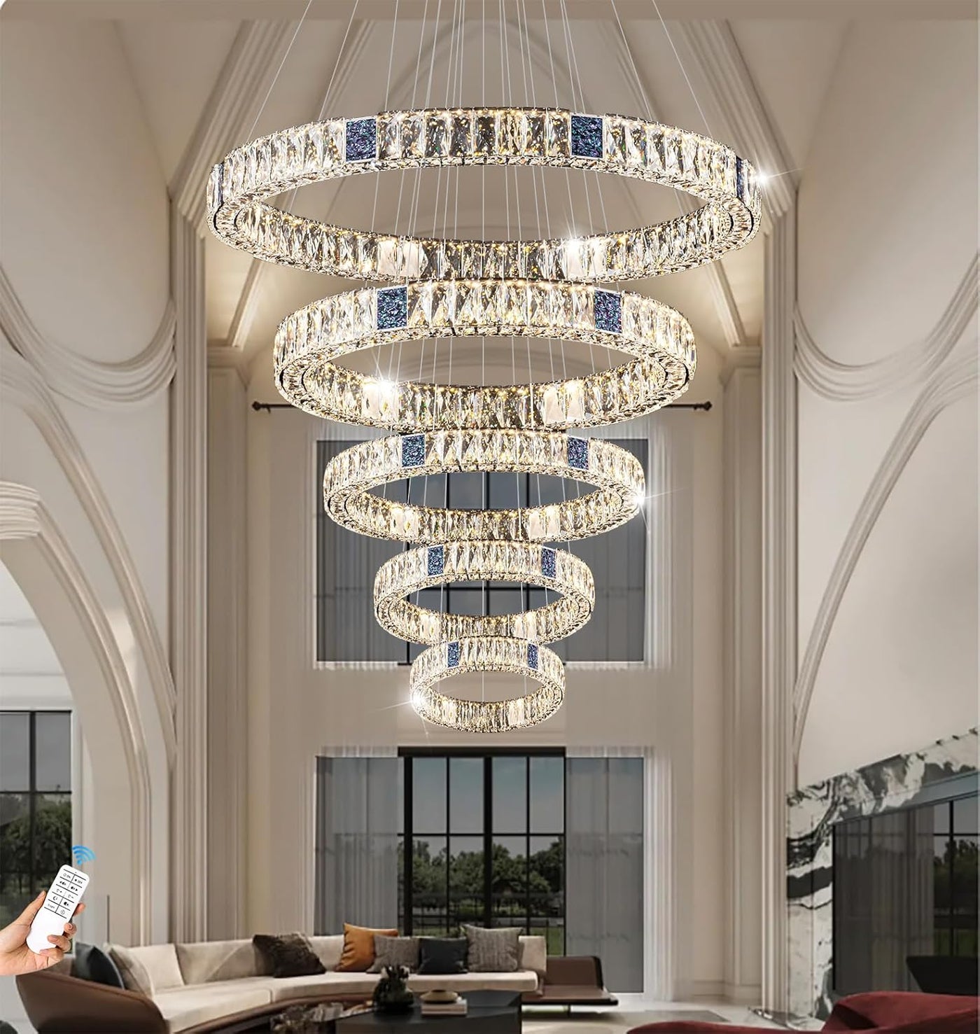 Modern Crystal Chandelier Lighting, Large 5 Ring Adjustable Stainless Steel LED - $515