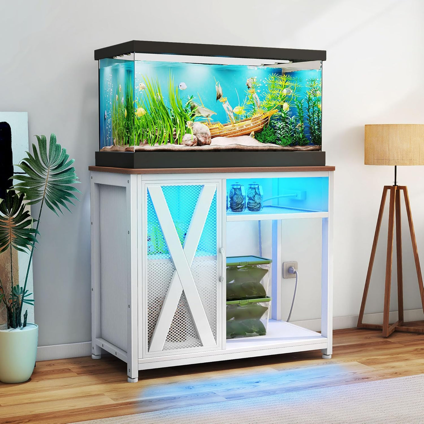 DWVO 40-50 Gallon Aquarium Stand with Power Outlets & LED Light, White - $75