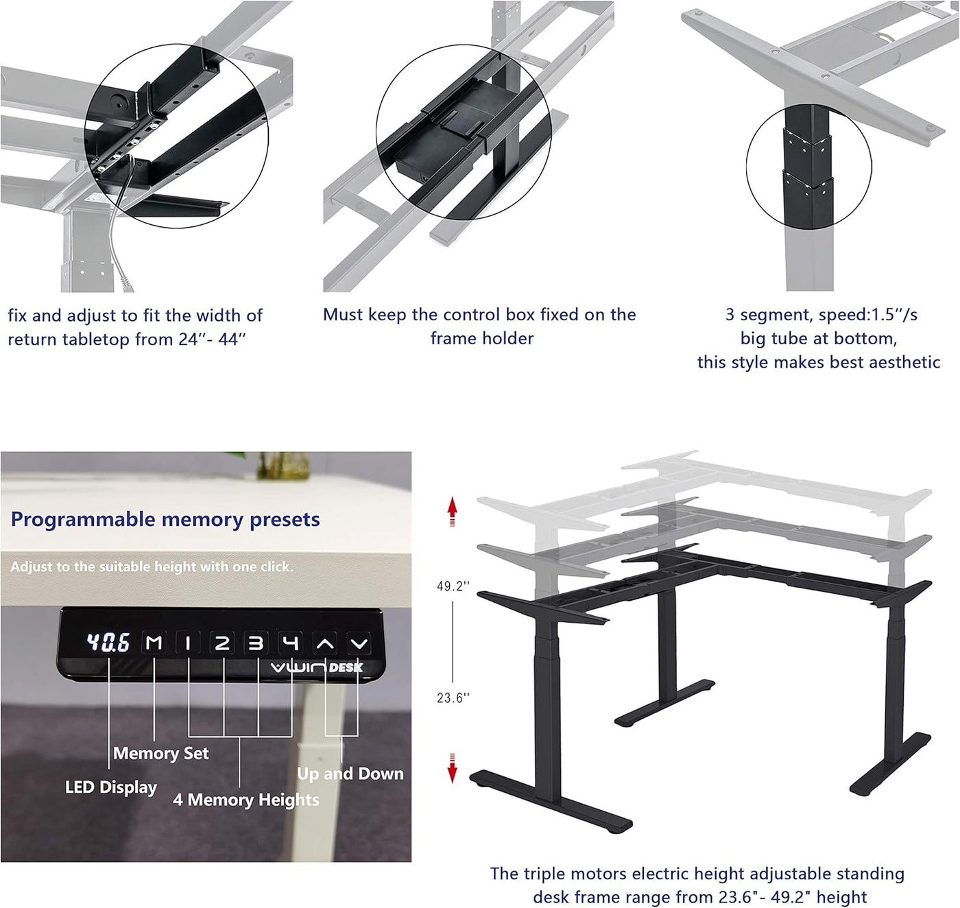 VWINDESK VJ301 L Shaped Electric Height Adjustable Standing Corner Desk Frame - $320